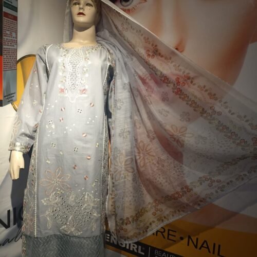 Cotton Embroidery 3-Piece Suit with Tissue Dupatta