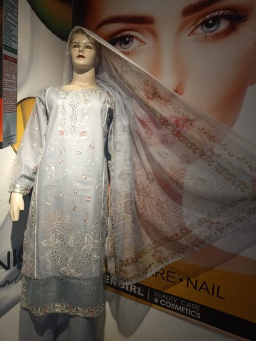 Cotton Embroidery 3-Piece Suit with Tissue Dupatta