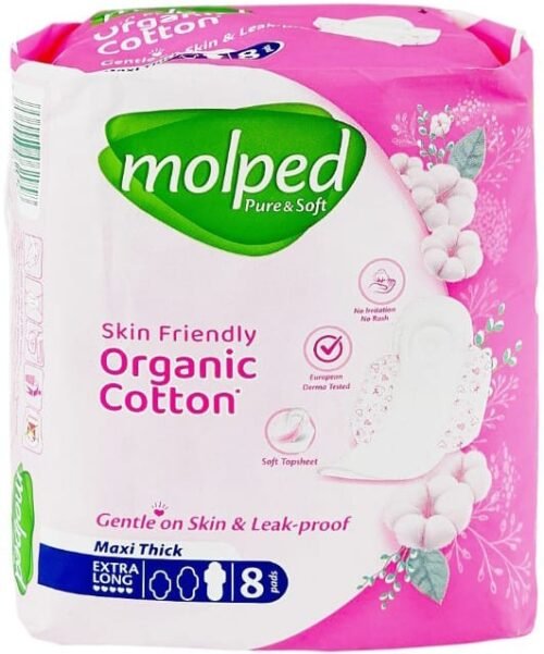 Molped Pure & Soft Maxi Thick Organic Cotton Pad, Extra Long (8-Pads)
